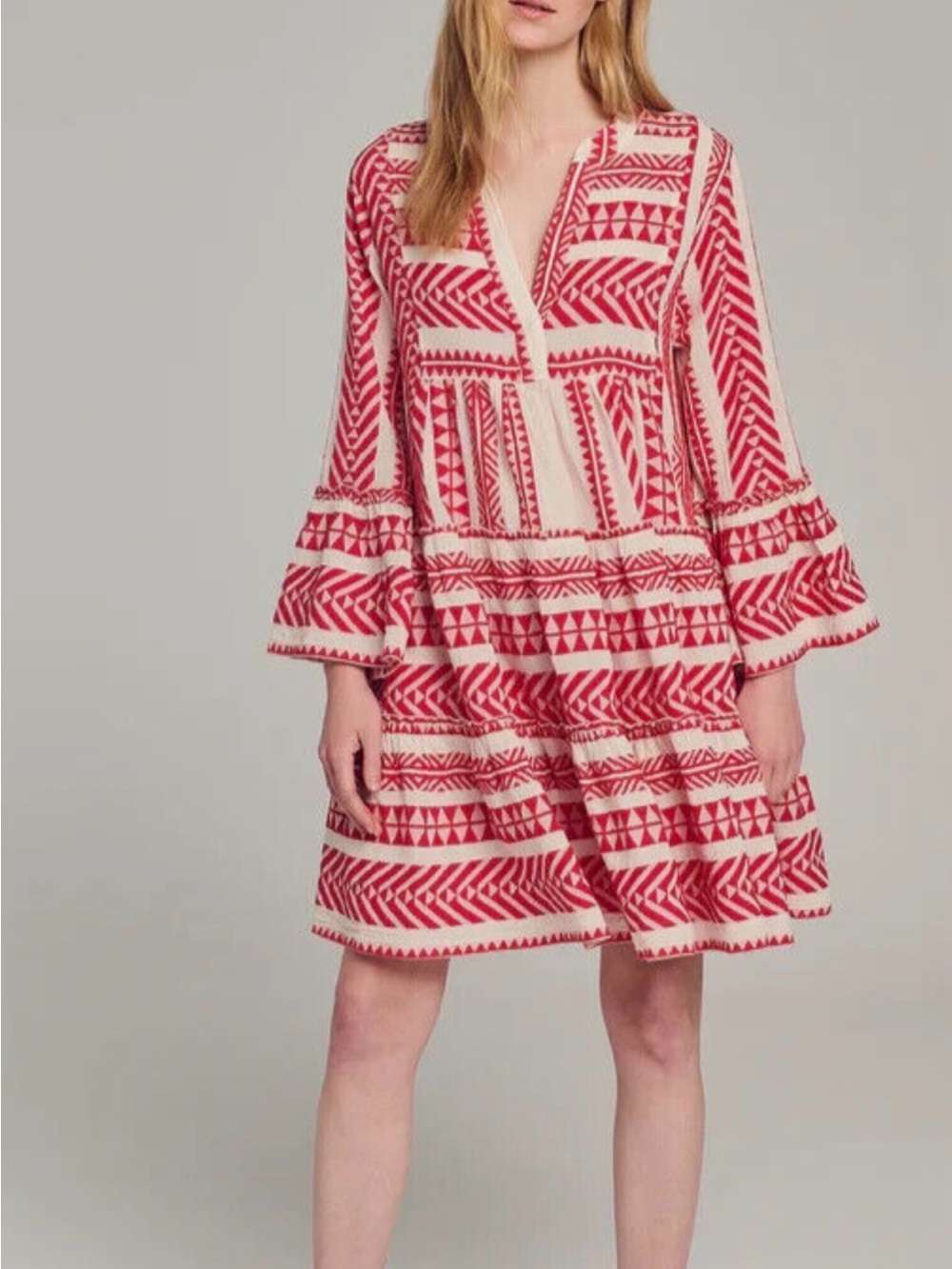 Lemonwood Pink and Cream Printed Boho Tiered Dress